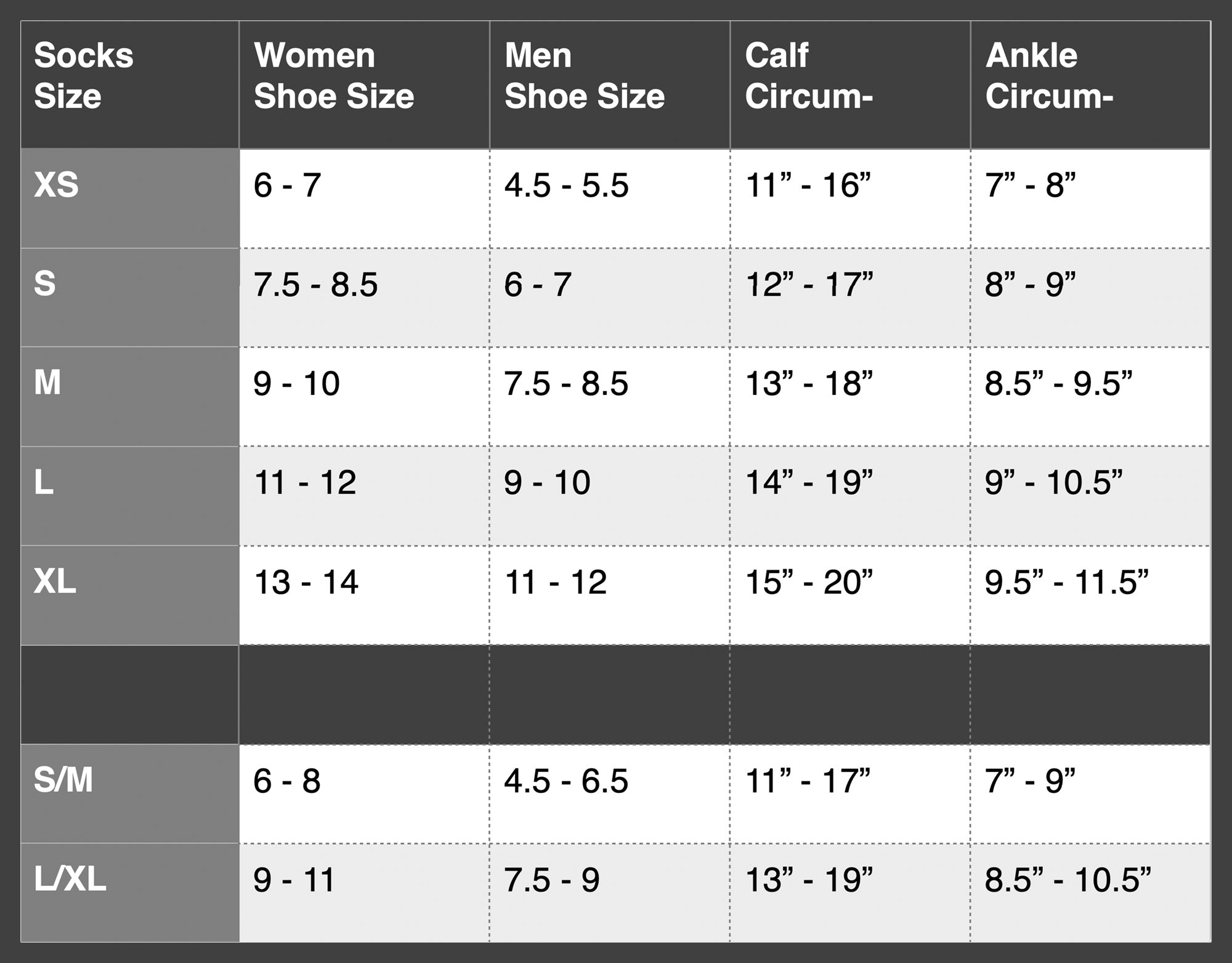 Sock size chart for women and men with shoe size conversions and measurements.
