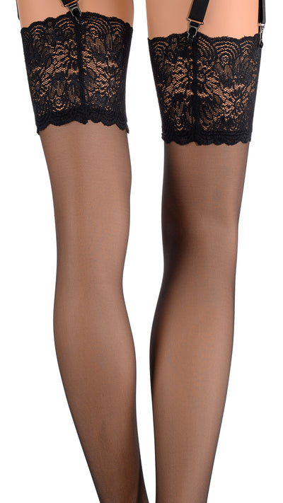 Elevate your allure with Eleonora 30 Den Lace Top Stockings, perfect for intimate evenings and elegant style.