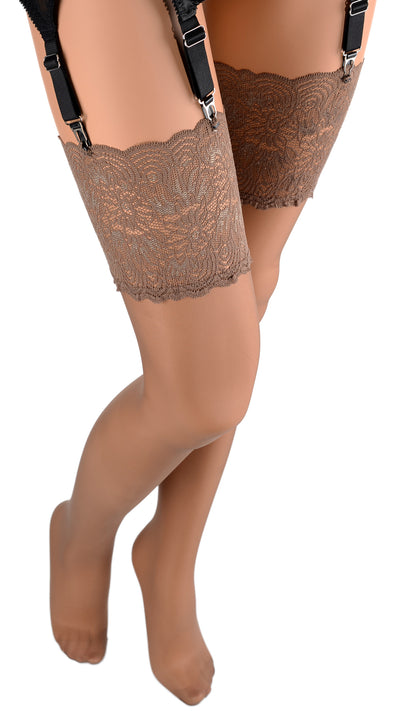 Elegant Eleonora 30 Den Lace Top Stockings enhance allure with luxurious lace detail and soft candlelight ambiance.
