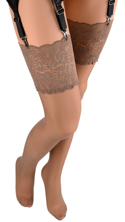 Elegant Eleonora 30 Den Lace Top Stockings enhance allure with luxurious lace detail and soft candlelight ambiance.