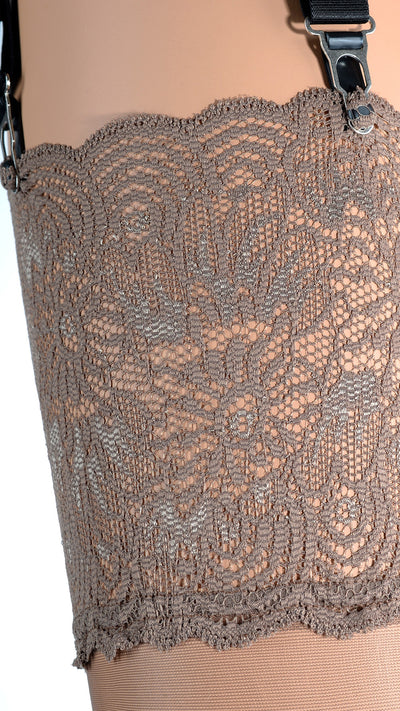 Eleonora 30 Den Lace Top Stockings showcase intricate lace design for elegant allure and sophistication.