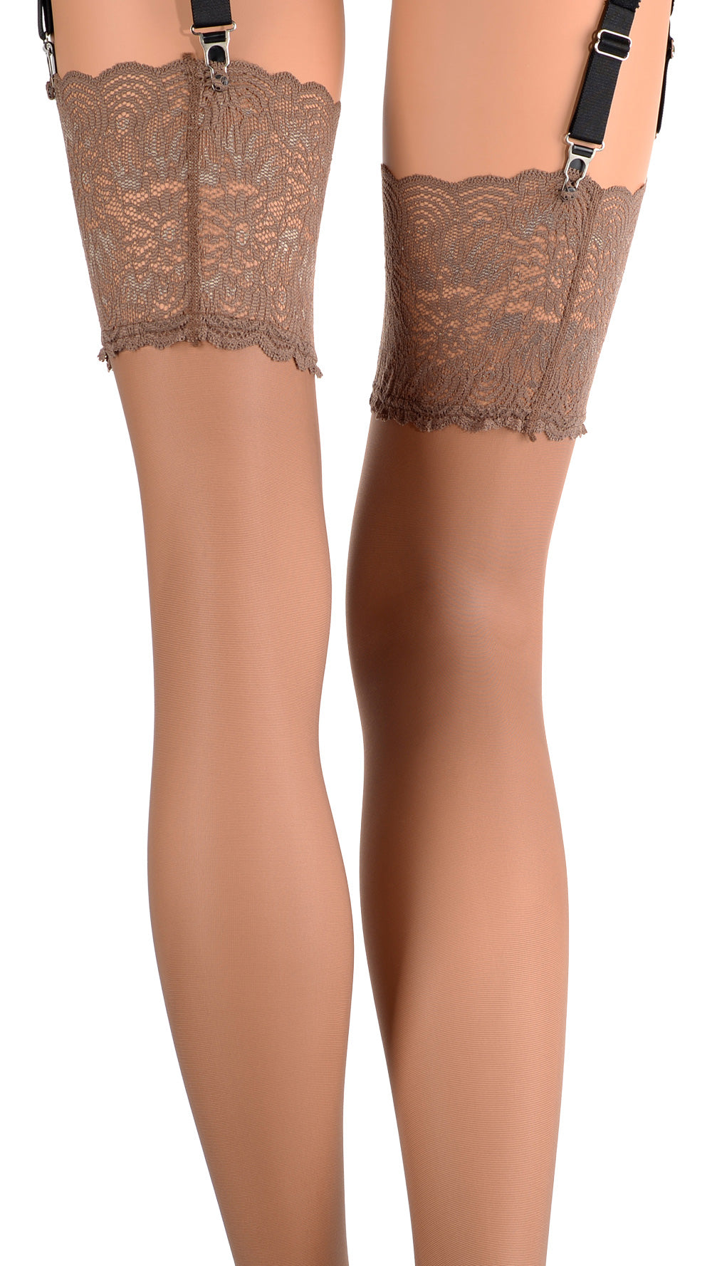 Elevate your elegance with Eleonora 30 Den Lace Top Stockings, perfect for any intimate setting.