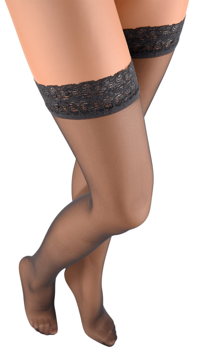 Fanny 15 Den Lace Top Thigh Highs for Elegant Legs, featuring a delicate lace band for timeless allure. Perfect for any occasion.