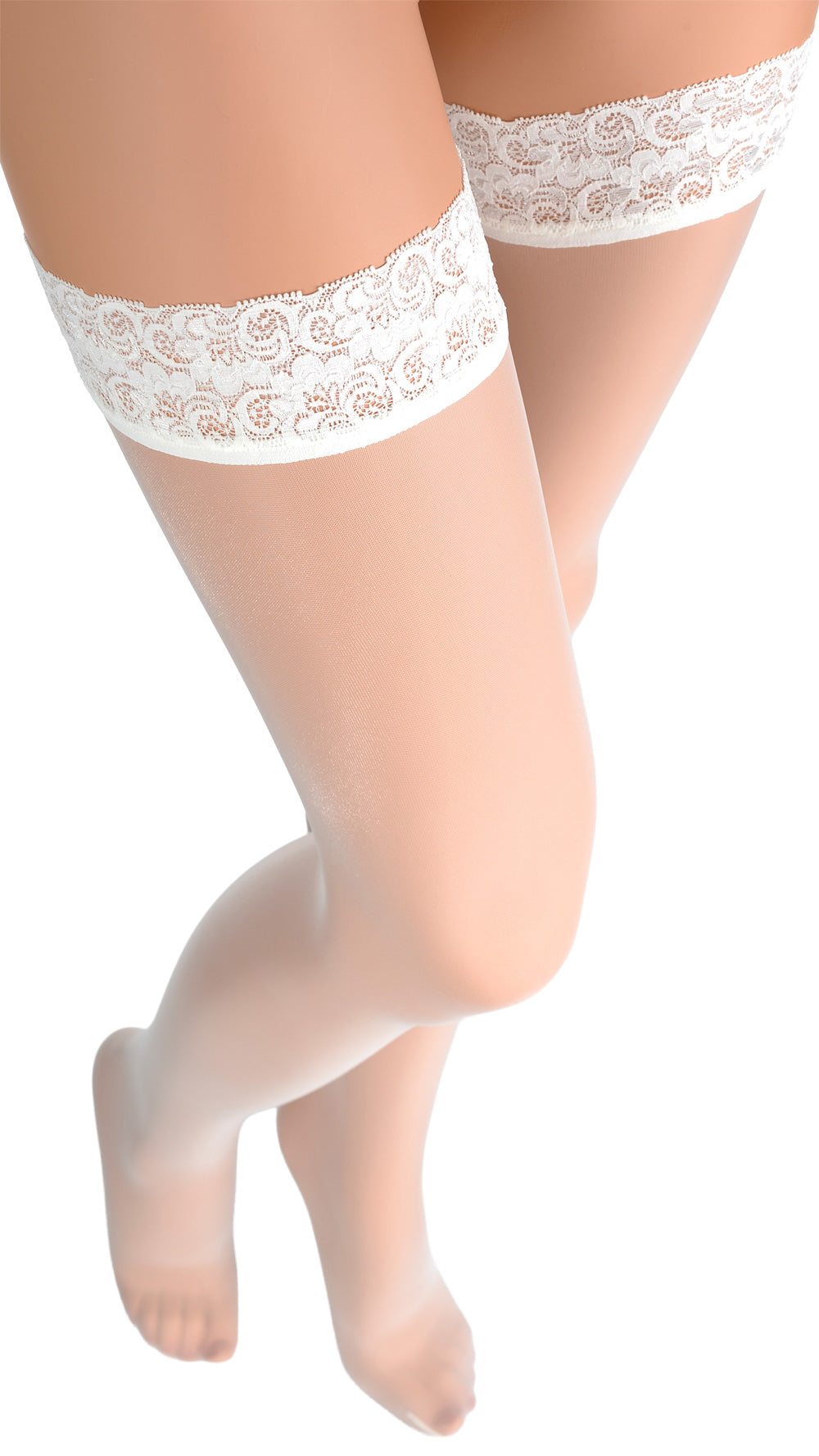 Fanny 15 Den Lace Top Thigh Highs showcase delicate lace for elegant legs, perfect for a romantic evening.