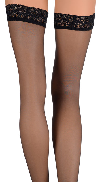 Fanny 15 Den Lace Top Thigh Highs showcase elegant lace detailing for a sophisticated and alluring look.