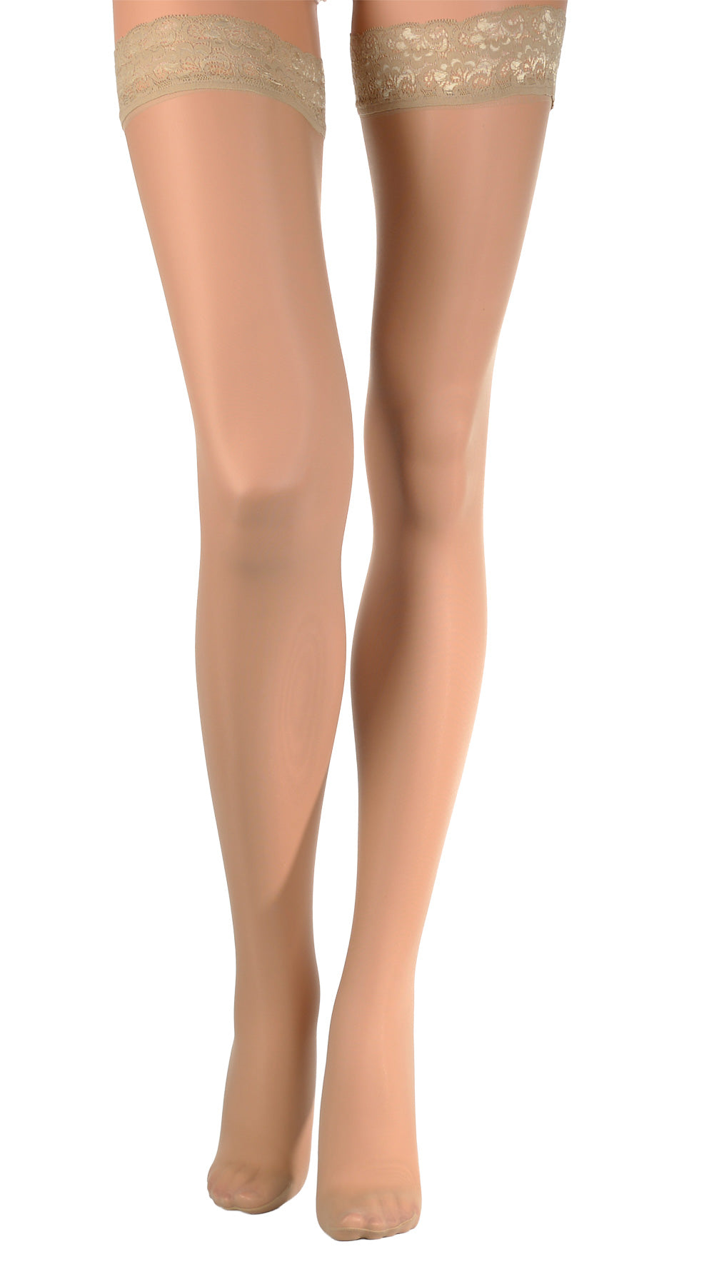 Fanny 15 Den Lace Top Thigh Highs elegantly enhance legs with delicate lace details, perfect for any romantic occasion.