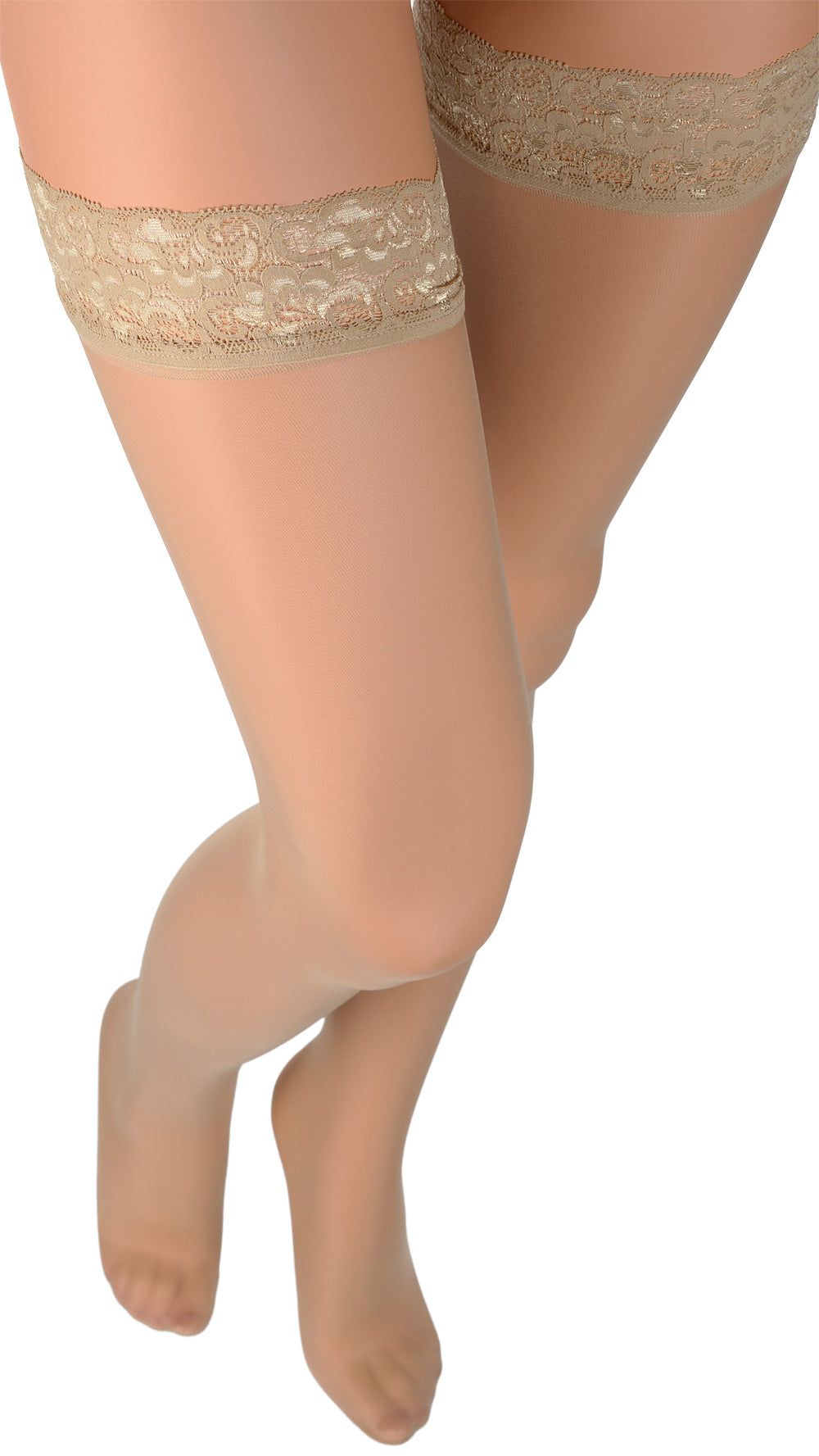 Fanny 15 Den Lace Top Thigh Highs showcase elegant legs with delicate lace trim for a timeless allure.