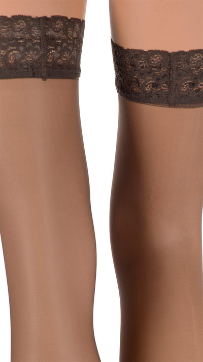 Fanny 15 Den Lace Top Thigh Highs showcase elegant lace and smooth finish for a charming look. Perfect for any occasion.