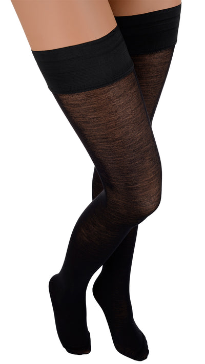 Stylish and warm, Jennifer 100 Den Merino Wool Thigh Highs by Trasparenze are perfect for cooler days.