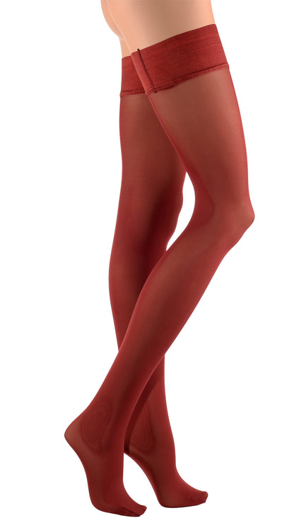 Miranda 70 Den Opaque Thigh Highs in rich burgundy offer an elegant touch for any stylish ensemble.