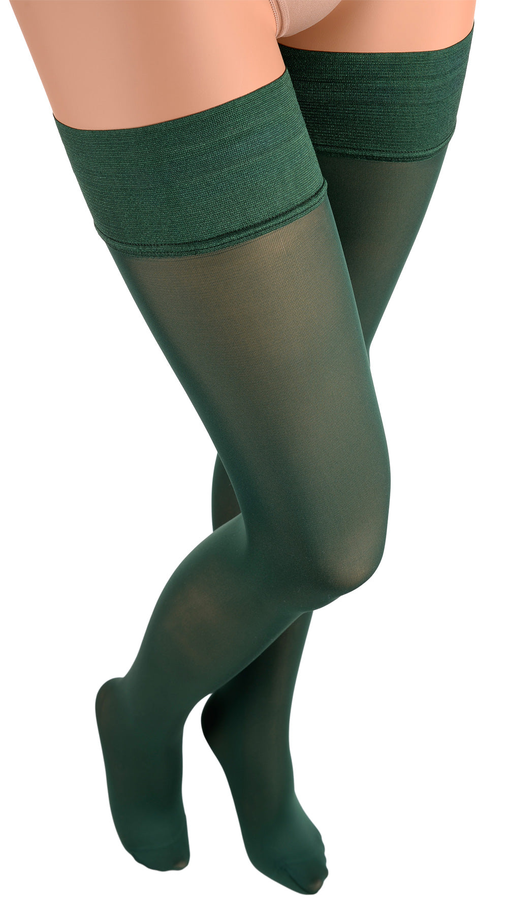 Elevate your style with Miranda 70 Den Opaque Thigh Highs in deep green, perfect for elegant evenings.