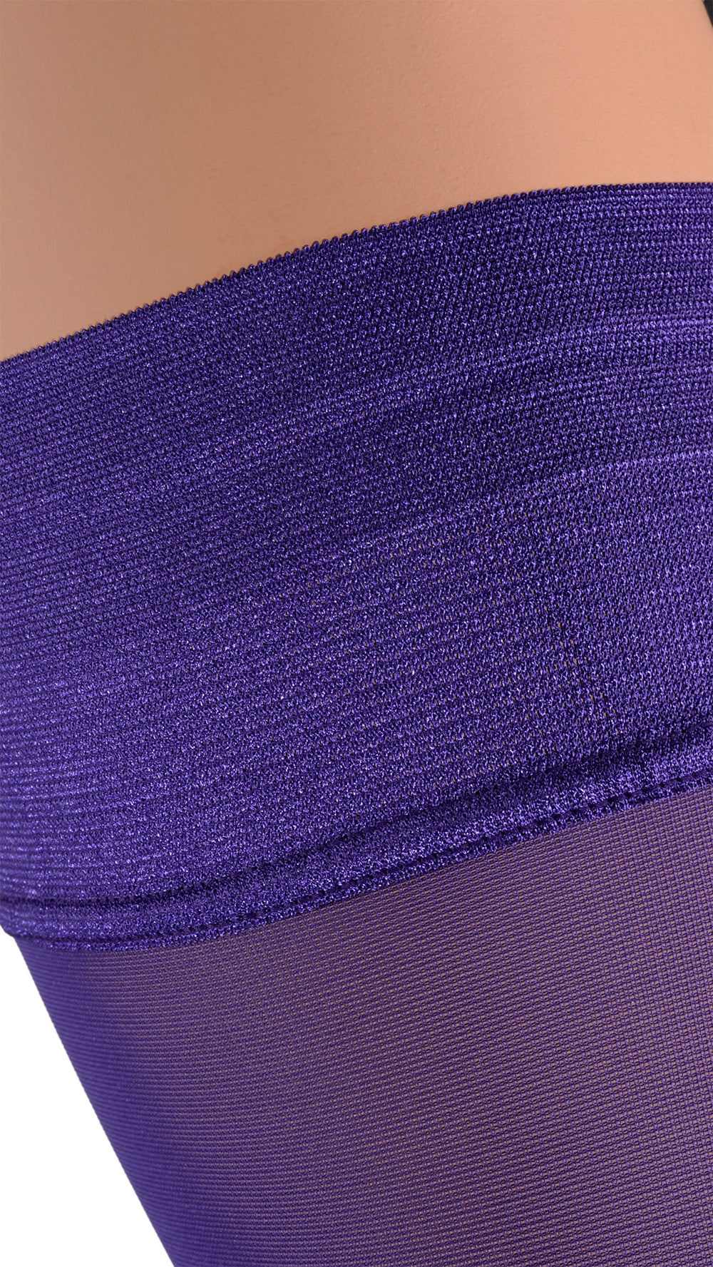 Miranda 70 Den Opaque Thigh Highs in rich purple, adding elegance to your evening ensemble. Perfect for any occasion.