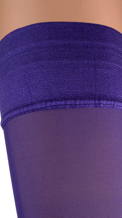 Miranda 70 Den Opaque Thigh Highs showcase rich purple fabric, perfect for adding elegance to your evening look.
