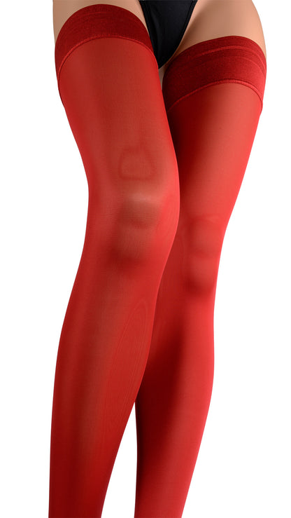 Elevate your style with Miranda 70 Den Opaque Thigh Highs in bold red, perfect for any elegant occasion.