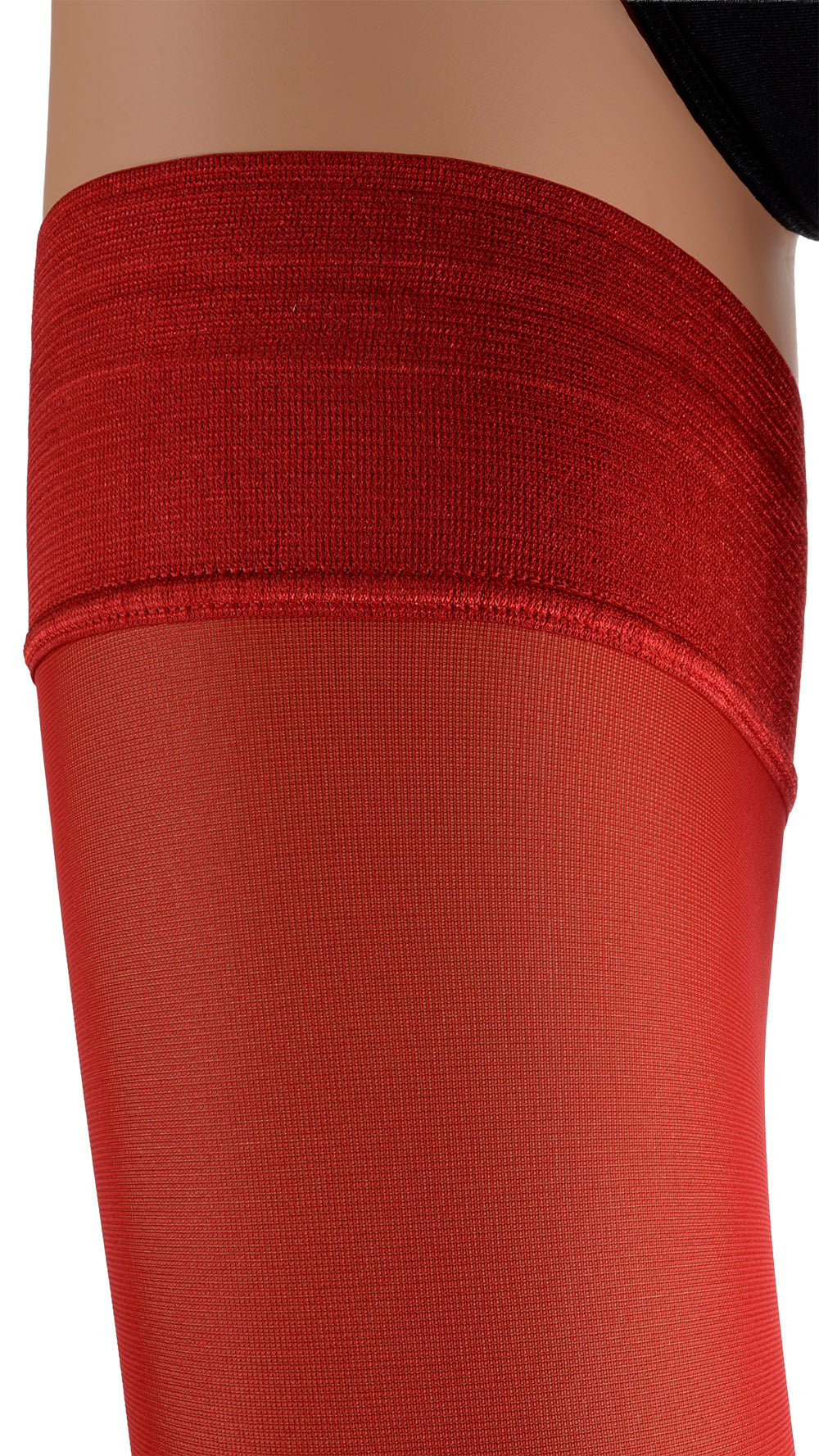 Miranda 70 Den Opaque Thigh Highs in red, perfect for adding elegance to any outfit for special occasions.