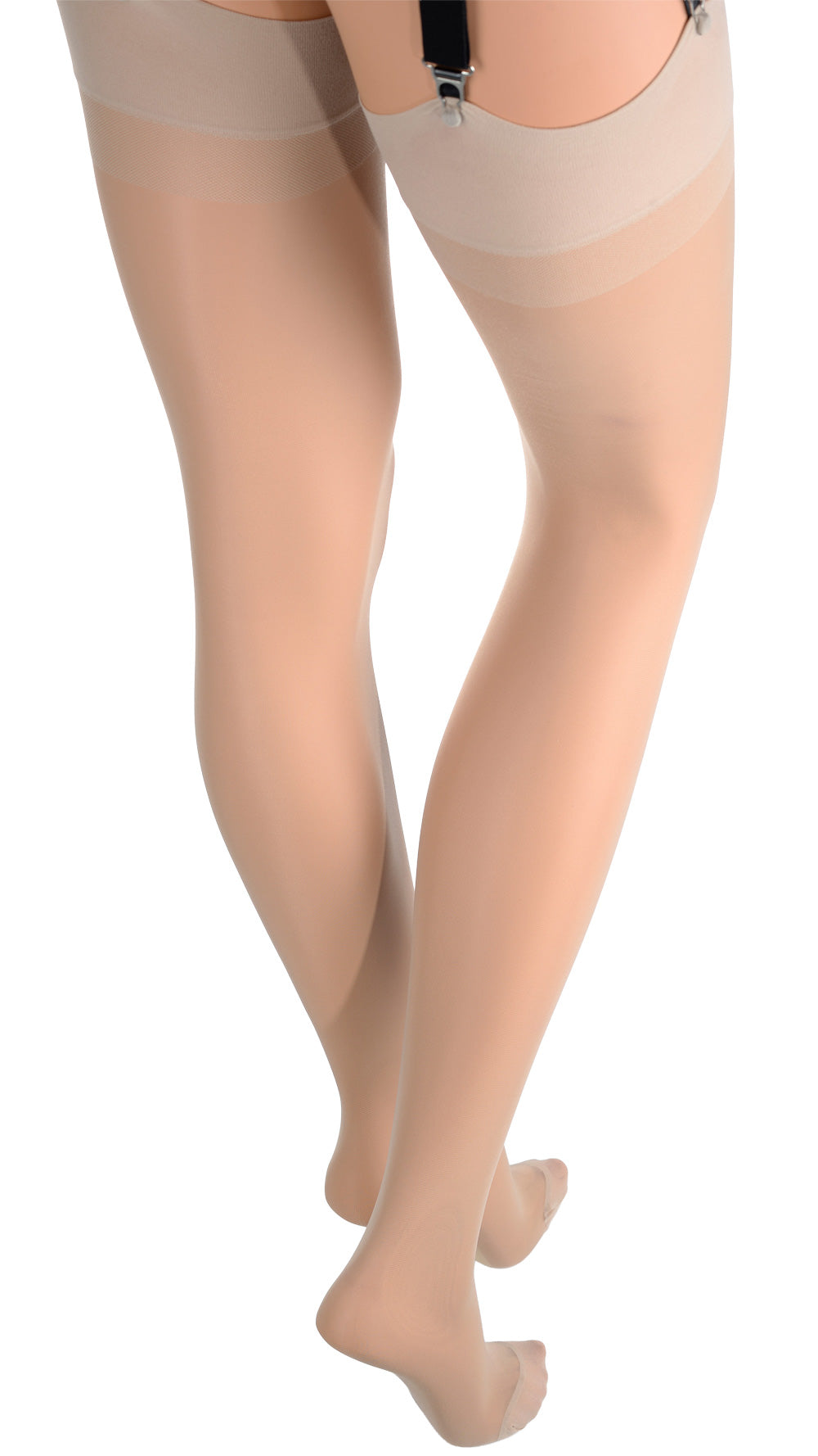 Elegant legs adorned in Sara 20 Den Silky Stockings, perfect for a touch of sophistication and comfort.