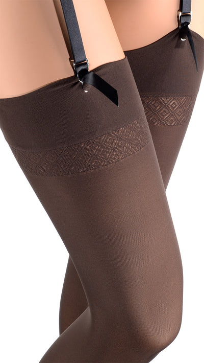 Sandra 70 Denier Soft Luxury Opaque Stockings in rich brown, perfect for adding elegance to any outfit.
