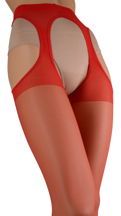 Scandal 20 Den Strip Panty Suspender Pantyhose in red, perfect for stepping into seduction and enhancing every curve.