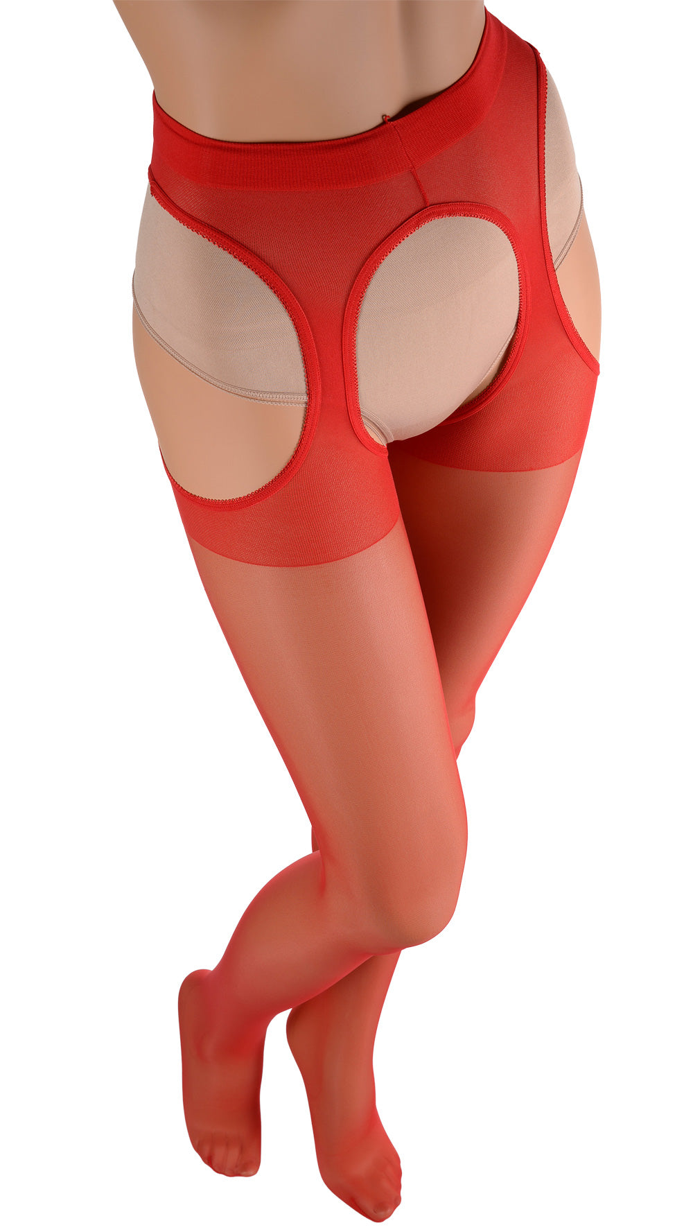 Scandal 20 Den Strip Panty Suspender Pantyhose in red offers a seductive touch for any intimate occasion.