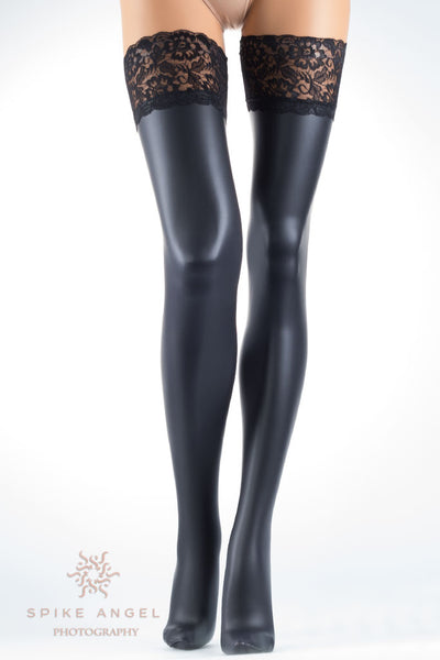 Allen Leather Look Thigh High Hold Ups - Spike Angel