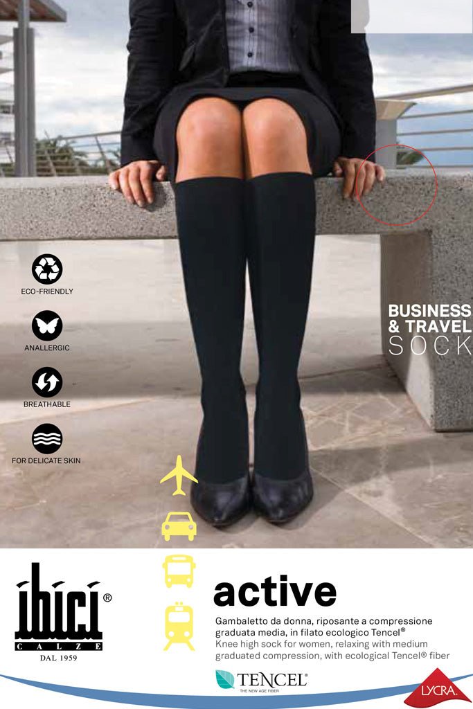 Elegant Active Compression Socks 11-14 mmHg 15-19 hPa provide relief for tired legs after travel or work.