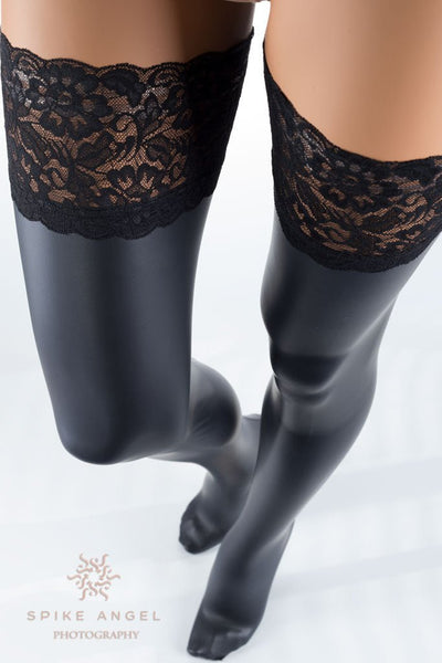 Allen Leather Look Thigh High Hold Ups - Spike Angel