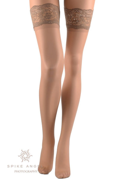 Elegant AR Beautiful Thigh High Stockings featuring sheer transparency and lace for fashionable women. Perfect for any occasion.