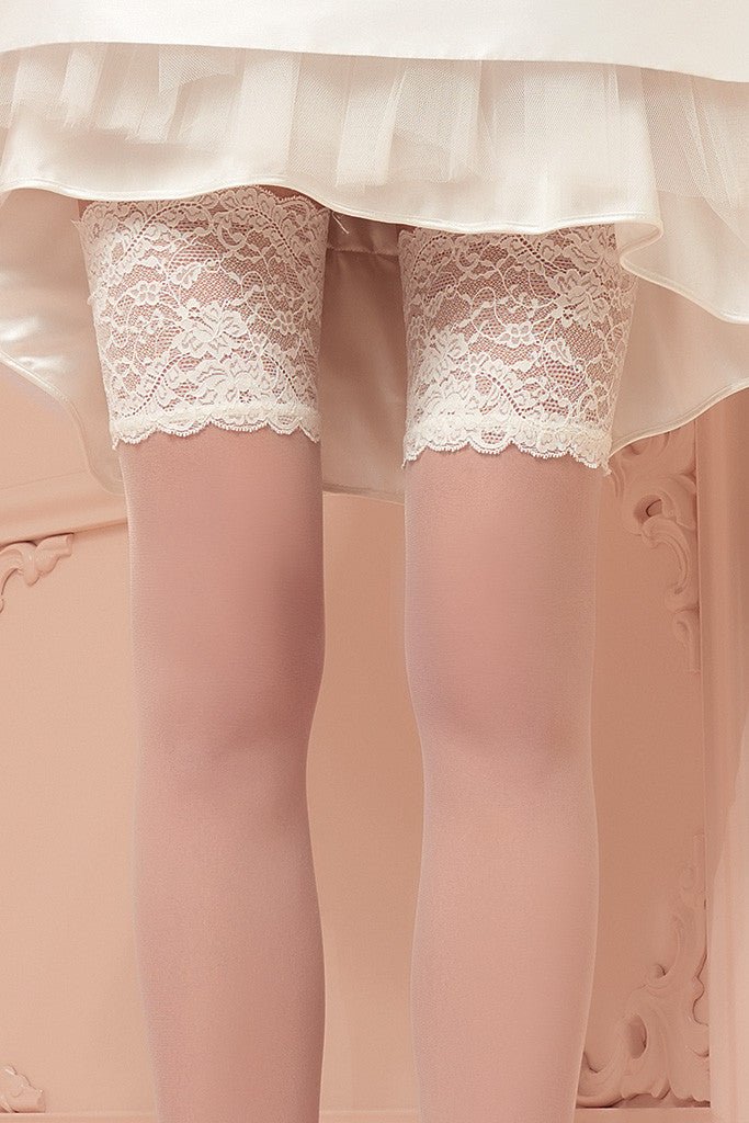 Trasparenze Athena 8 Den Luxury Thigh Highs feature elegant lace detailing, perfect for bridal wear or special occasions.