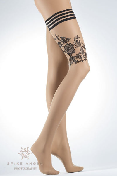 Circe Contrast Floral Hold Up Thigh Highs - Spike Angel