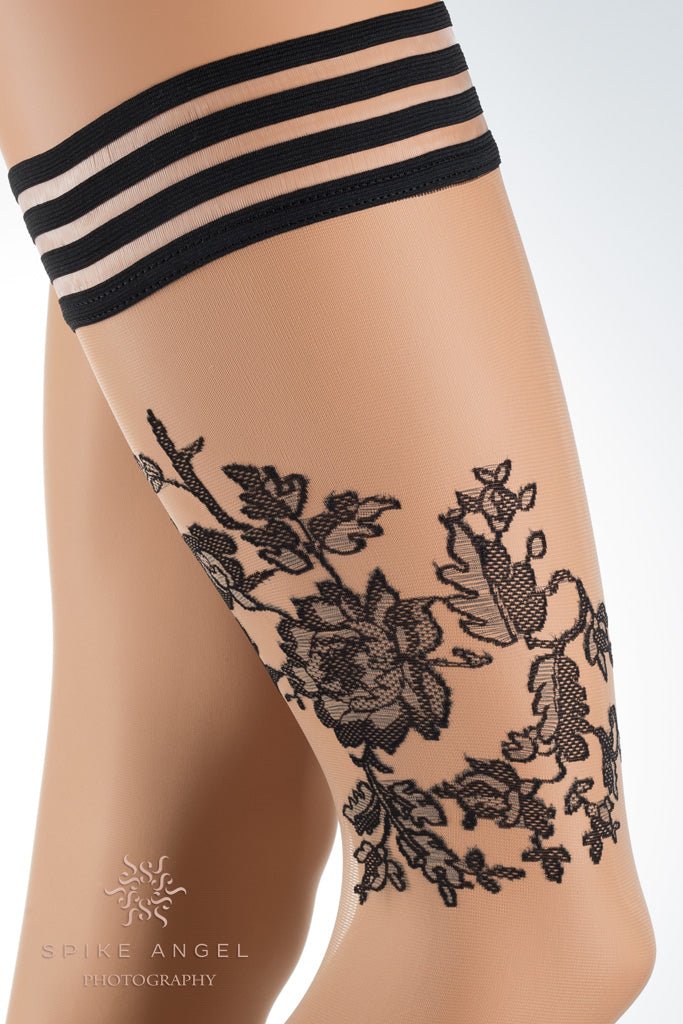 Circe Contrast Floral Hold Up Thigh Highs - Spike Angel