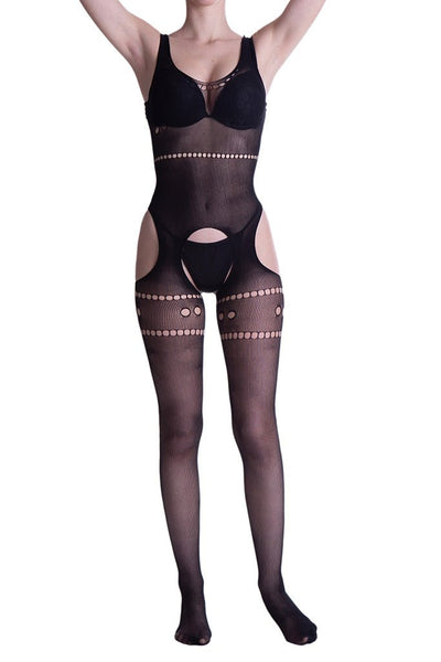 Seductive Desire Bodystocking features sleeveless fishnet design with lace guepierre effect, perfect for bold fashion choices.