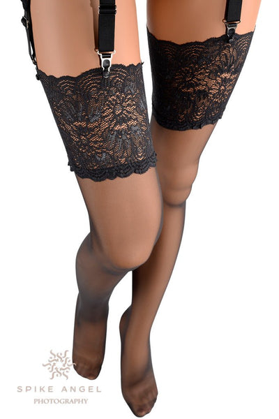 Elevate your allure with Eleonora 30 Den Lace Top Stockings, perfect for an elegant evening look.