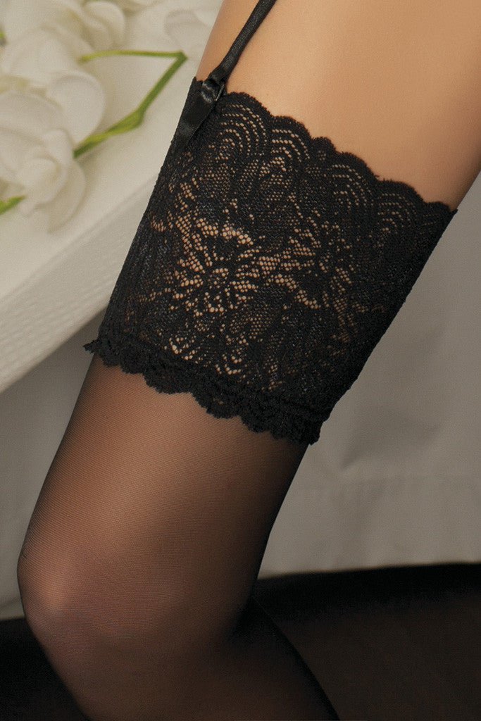 Trasparenze Eleonora 30 Den Lace Top Stockings feature a luxurious lace top and sheer finish, perfect for any outfit.