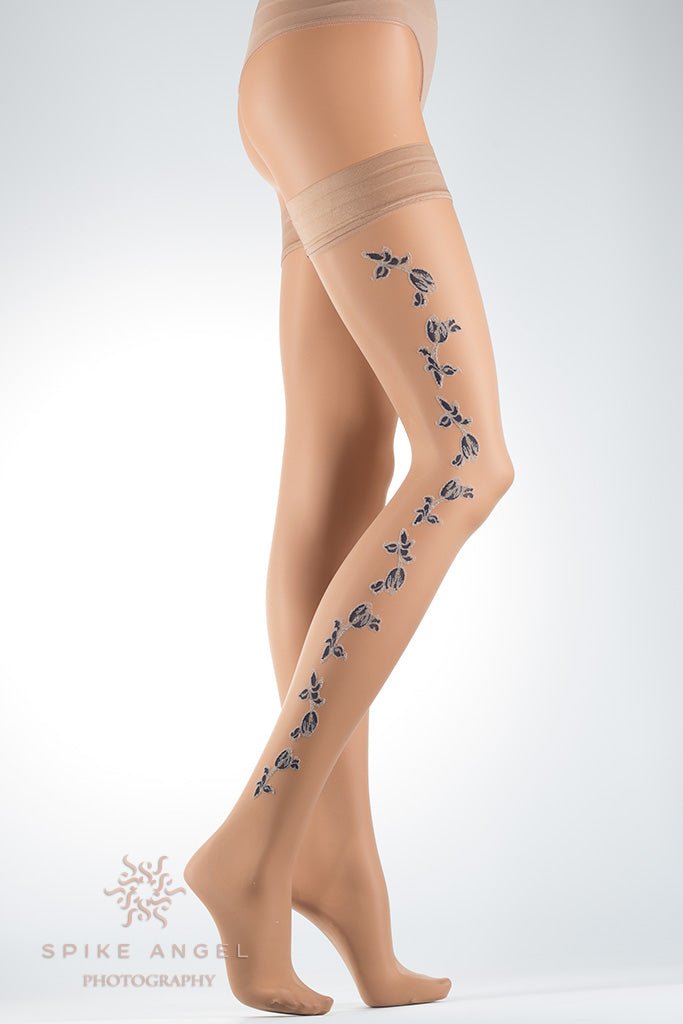 Stylish Enea Floral Shiny Hold Up Thigh Highs by Trasparenze, perfect for a sleek, high-shine finish on your legs.