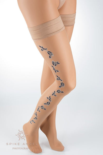 Enea Floral Shiny Hold Up Thigh Highs by Trasparenze add a sleek, shiny finish, perfect for any outfit.