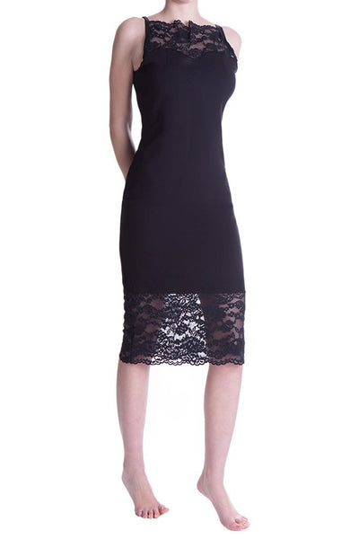 Elegant Letizia Abito Dress features a sleeveless design with lace inserts, perfect for sophisticated occasions.
