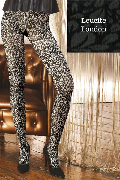 Stylish Leucite Fashion Tights feature a floral print in matte black and white, perfect for any casual party outfit.