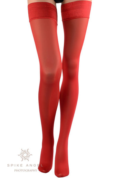 Luxurious Miranda 70 Den Opaque Thigh Highs in bold red add elegance and sexiness to any outfit. Perfect for any occasion.