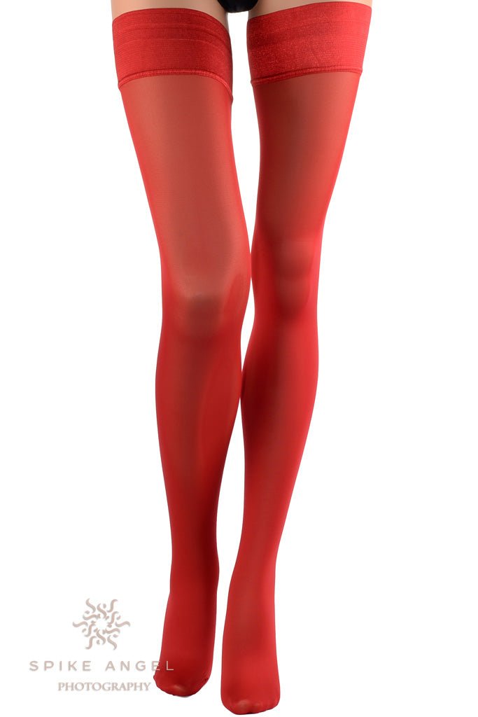 Luxurious Miranda 70 Den Opaque Thigh Highs in bold red add elegance and sexiness to any outfit. Perfect for any occasion.