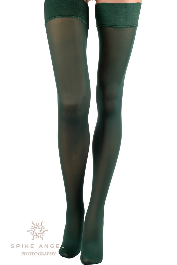 Luxurious Miranda 70 Den Opaque Thigh Highs in elegant green, perfect for stylish outfits and feminine flair.