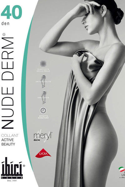 Elegant Ibici Nude Derm 40 Half-Sheer to Waist Shaping Pantyhose with MERYL® yarns for added beauty and comfort.