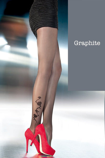 Fiore Rena Tattoo Pantyhose in Graphite with elegant floral tattoo design, perfect for any occasion.