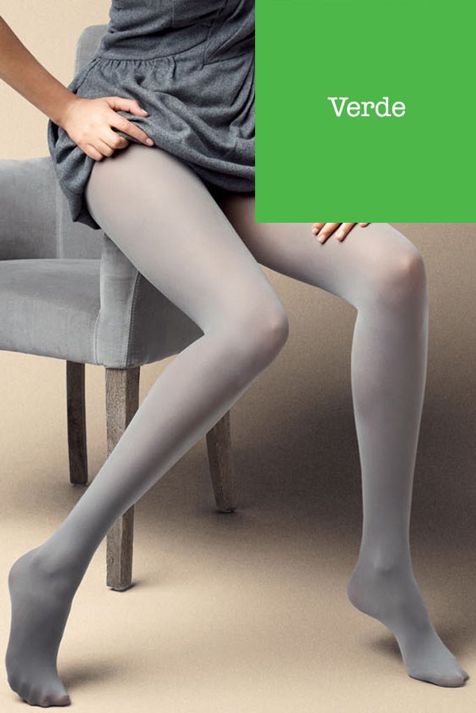Satin 40 Den Opaque Microfiber Tights in 12 Colors, perfect for stylish outfits, featured in elegant Verde shade.