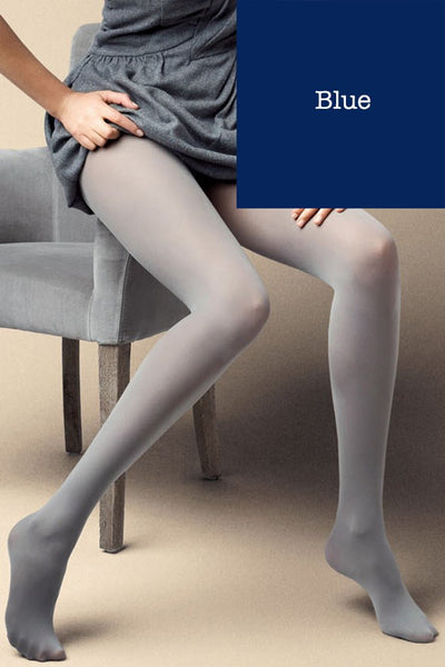Satin 40 Den Opaque Microfiber Tights in 27 Colors, perfect for stylish women, showcased in a chic blue shade.