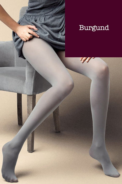 Burgundy Satin 40 Den Opaque Microfiber Tights in 27 Colors, perfect for any stylish outfit by Veneziana.