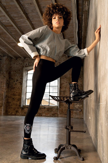 Trasparenze Smile Fashion Leggings in black microfiber with ankle design styled for streetwear comfort and flair.