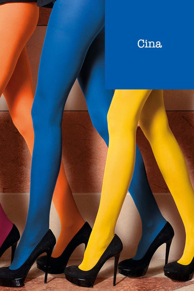 Sophie 70 Den Semi-Opaque Color Tights (A to O) in vibrant orange, blue, and yellow by Trasparenze with black heels