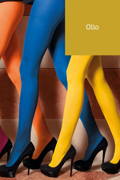 Sophie 70 Den Semi-Opaque Color Tights (A to O) in vibrant blue, orange, and yellow shades styled with black heels.