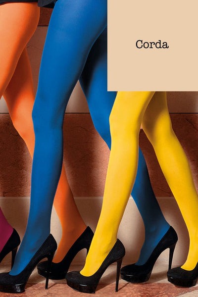 Sophie 70 Den Semi-Opaque Color Tights (A to O) in vibrant orange, blue, and yellow shades by Trasparenze.