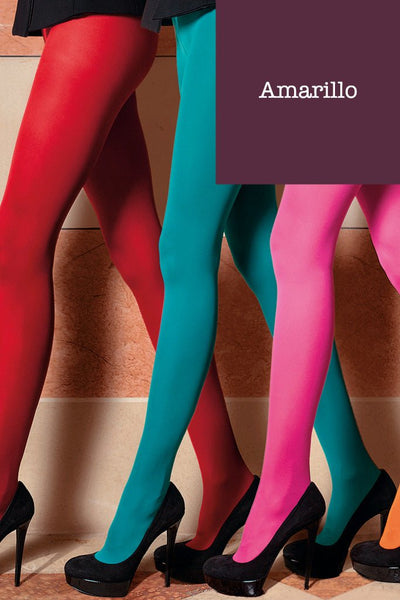 Sophie 70 Den Semi-Opaque Color Tights (A to O) in vibrant red, teal, pink, and orange by Trasparenze.